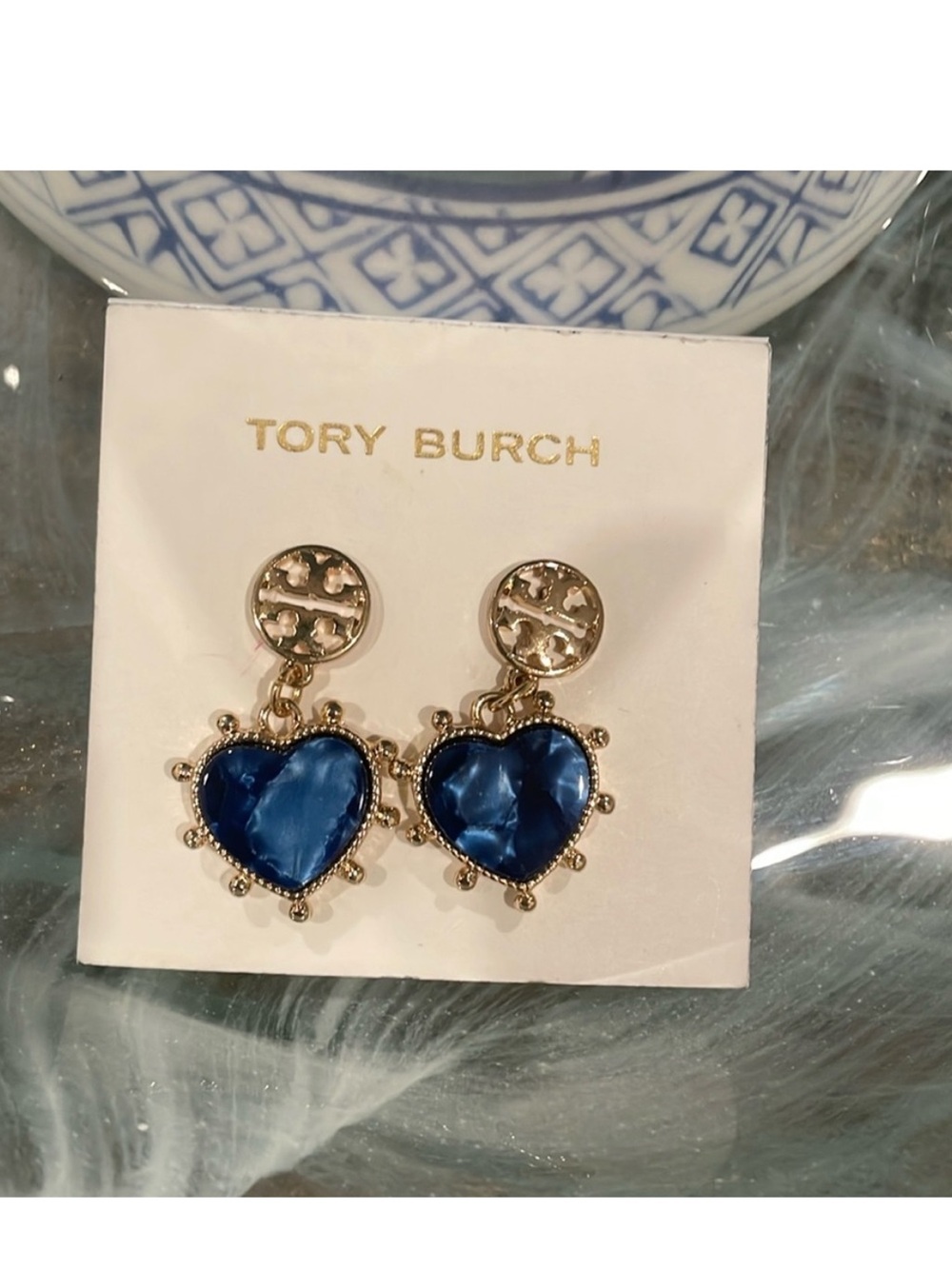 Tory Burch Silver Tone Earrings with Deep Blue Heart Drops